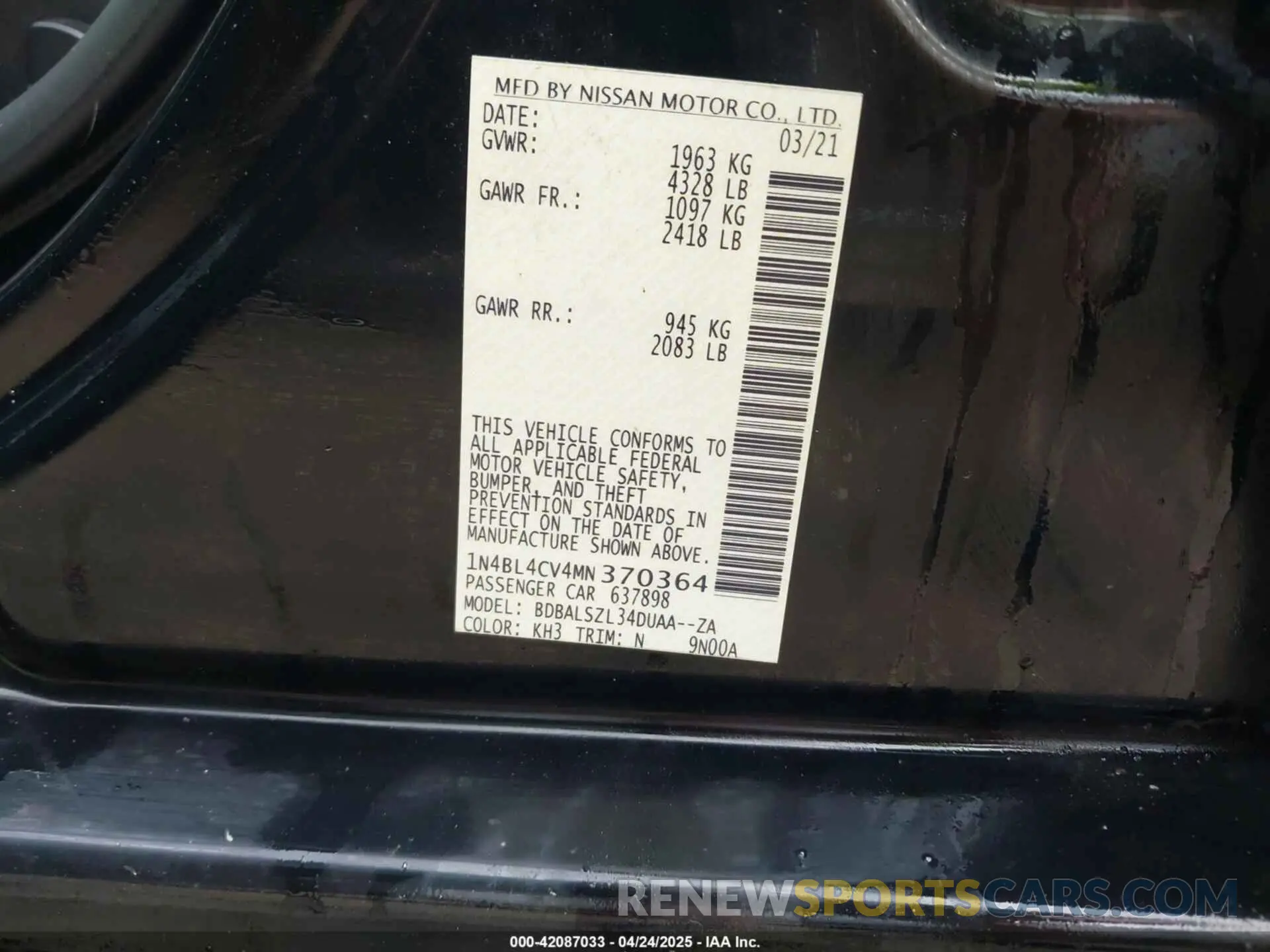 9 fotografías del automóvil dañado 1N4BL4CV4MN370364 NISSAN ALTIMA 2021