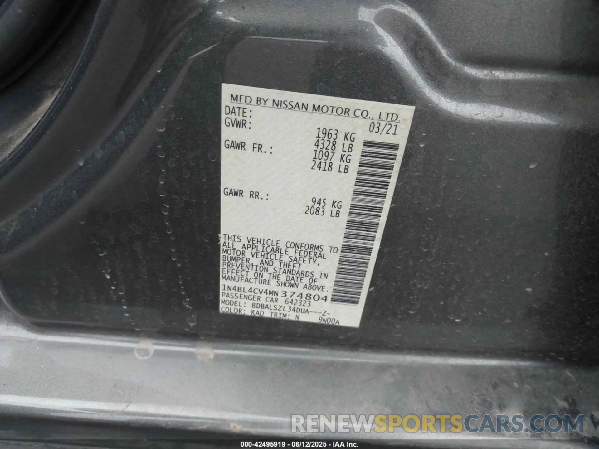9 fotografías del automóvil dañado 1N4BL4CV4MN374804 NISSAN ALTIMA 2021