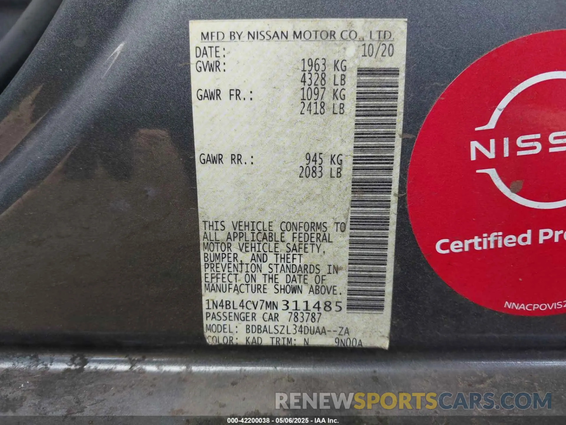 9 fotografías del automóvil dañado 1N4BL4CV7MN311485 NISSAN ALTIMA 2021