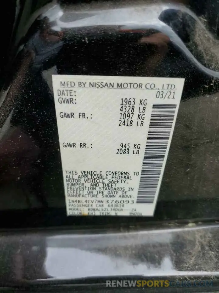 12 fotografías del automóvil dañado 1N4BL4CV7MN376093 NISSAN ALTIMA 2021