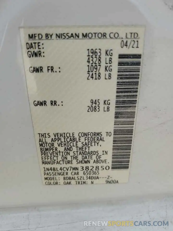 15 fotografías del automóvil dañado 1N4BL4CV7MN382850 NISSAN ALTIMA 2021