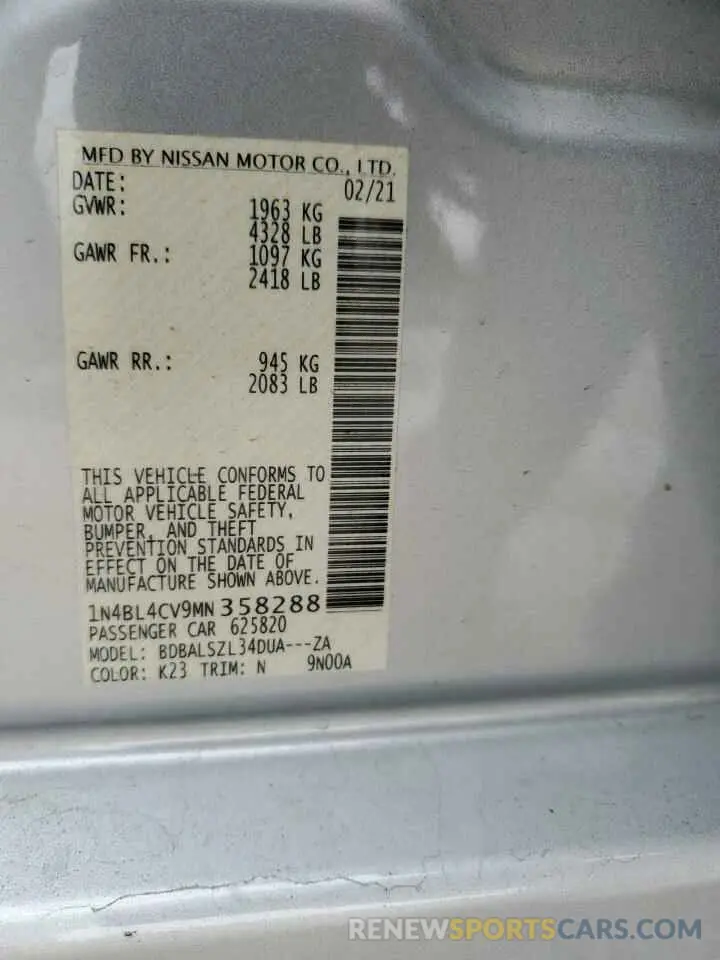 14 fotografías del automóvil dañado 1N4BL4CV9MN358288 NISSAN ALTIMA 2021