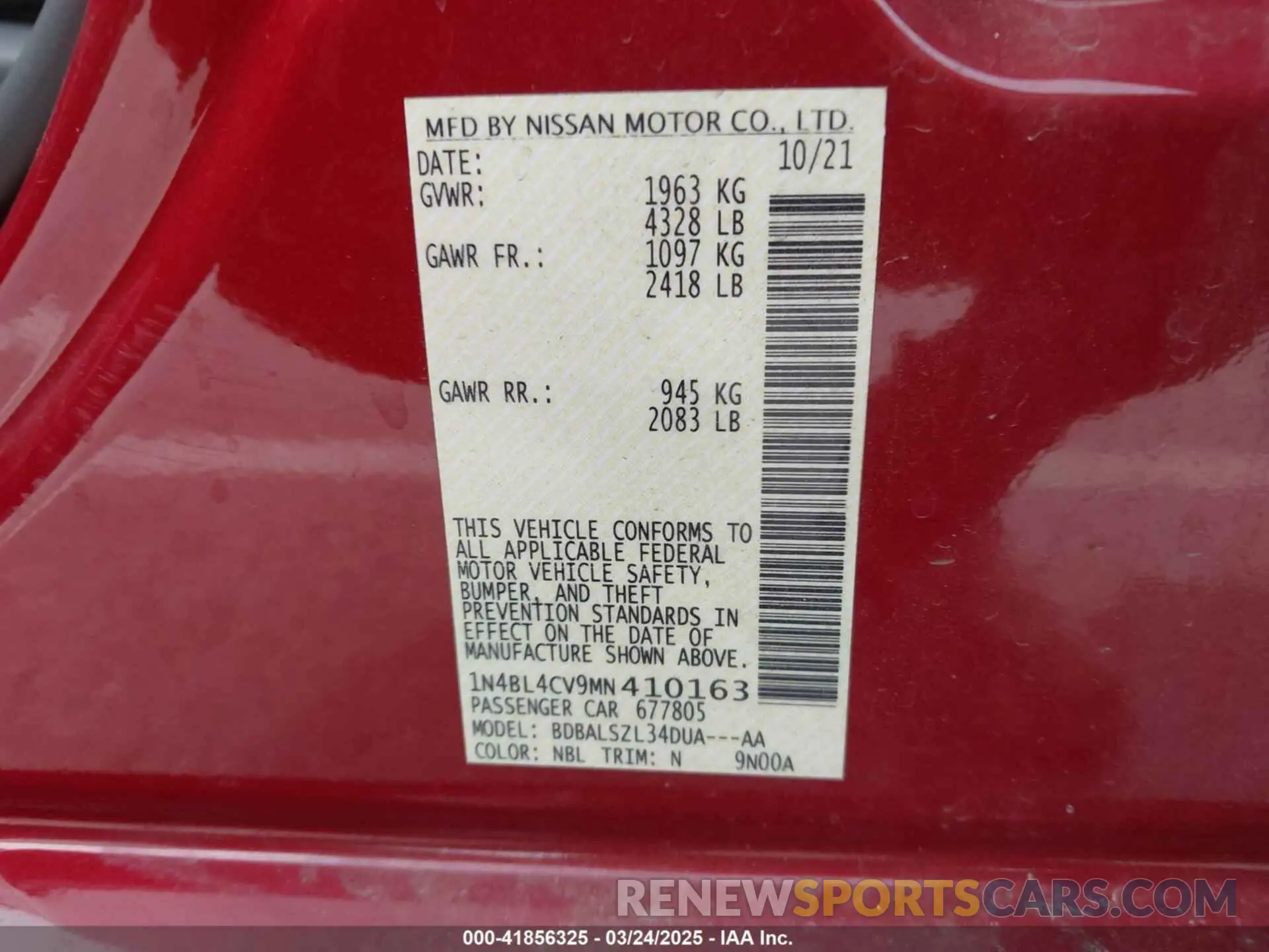 9 fotografías del automóvil dañado 1N4BL4CV9MN410163 NISSAN ALTIMA 2021