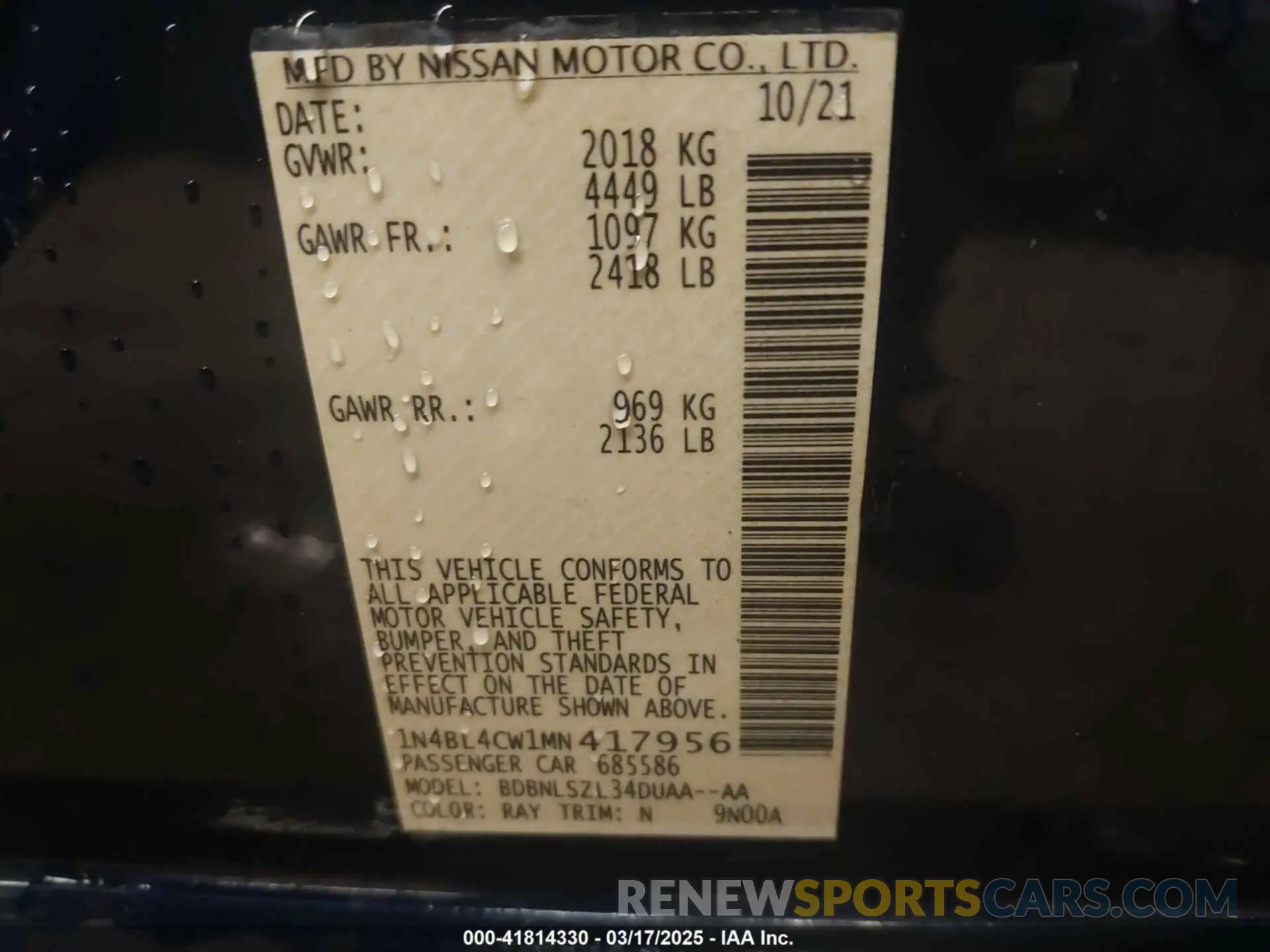 9 fotografías del automóvil dañado 1N4BL4CW1MN417956 NISSAN ALTIMA 2021