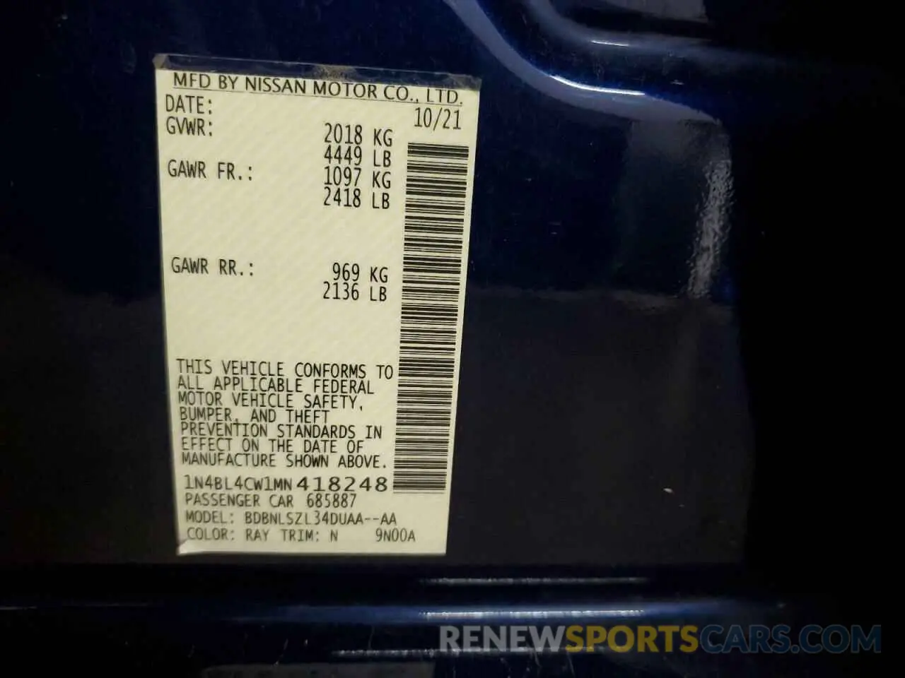 12 fotografías del automóvil dañado 1N4BL4CW1MN418248 NISSAN ALTIMA 2021
