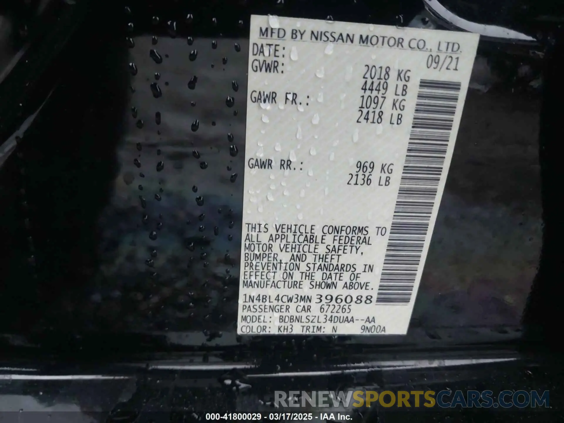 9 fotografías del automóvil dañado 1N4BL4CW3MN396088 NISSAN ALTIMA 2021