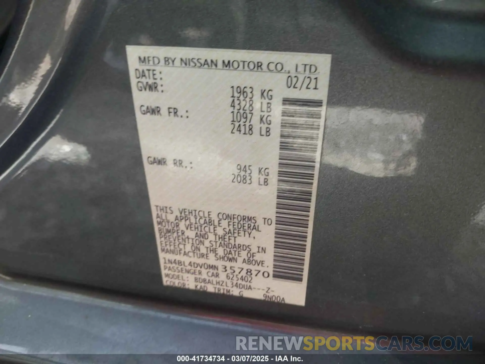 9 fotografías del automóvil dañado 1N4BL4DV0MN357870 NISSAN ALTIMA 2021