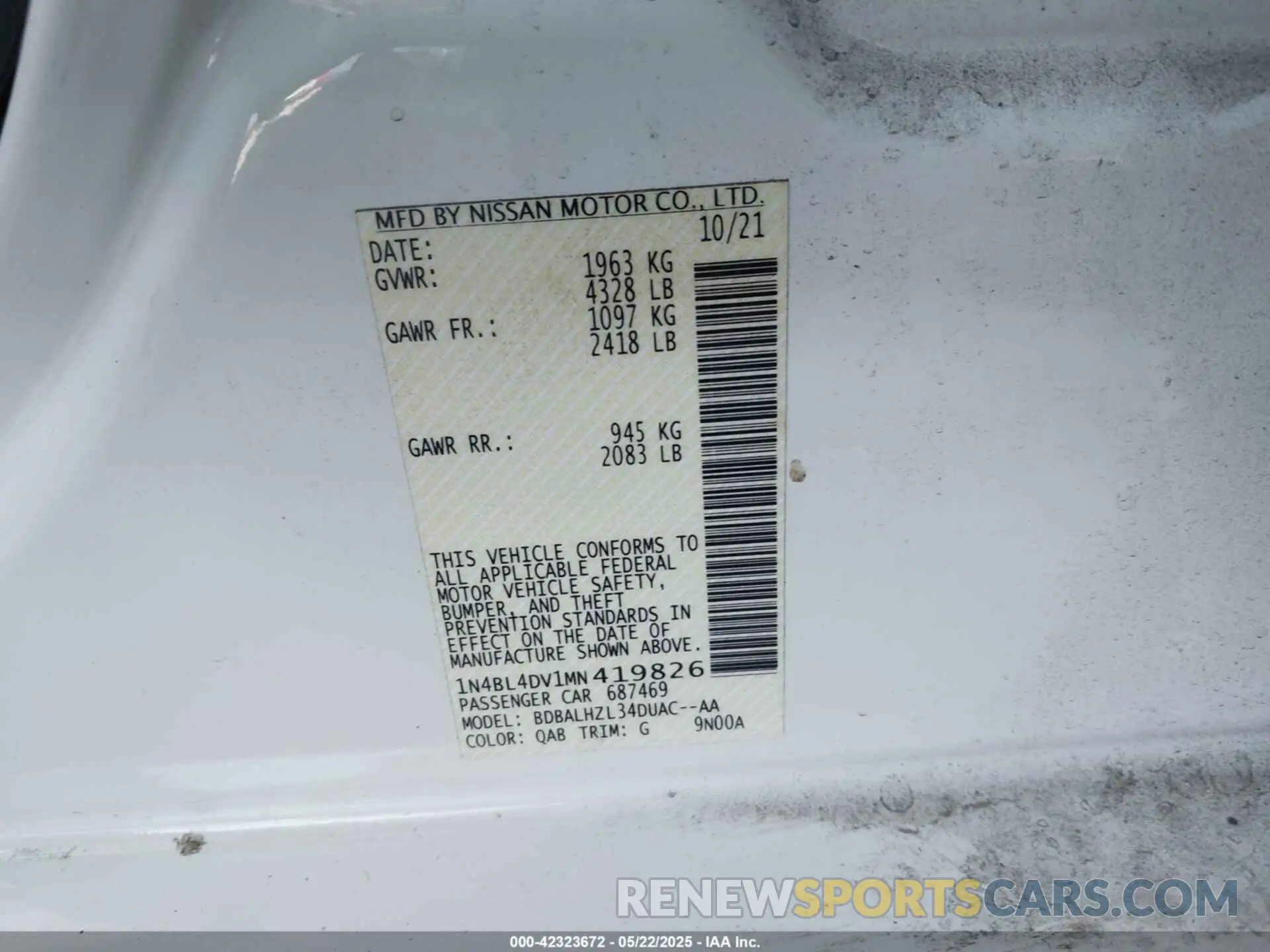 9 fotografías del automóvil dañado 1N4BL4DV1MN419826 NISSAN ALTIMA 2021
