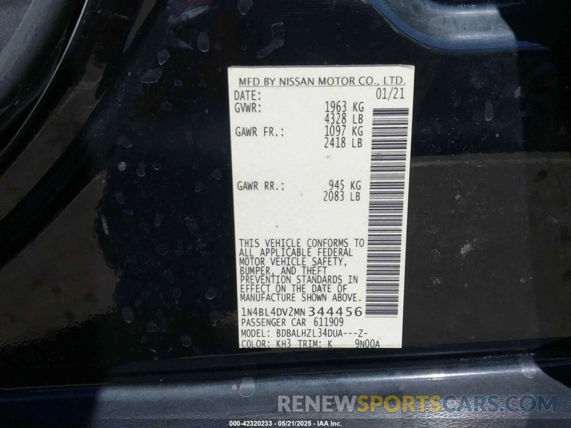 9 fotografías del automóvil dañado 1N4BL4DV2MN344456 NISSAN ALTIMA 2021