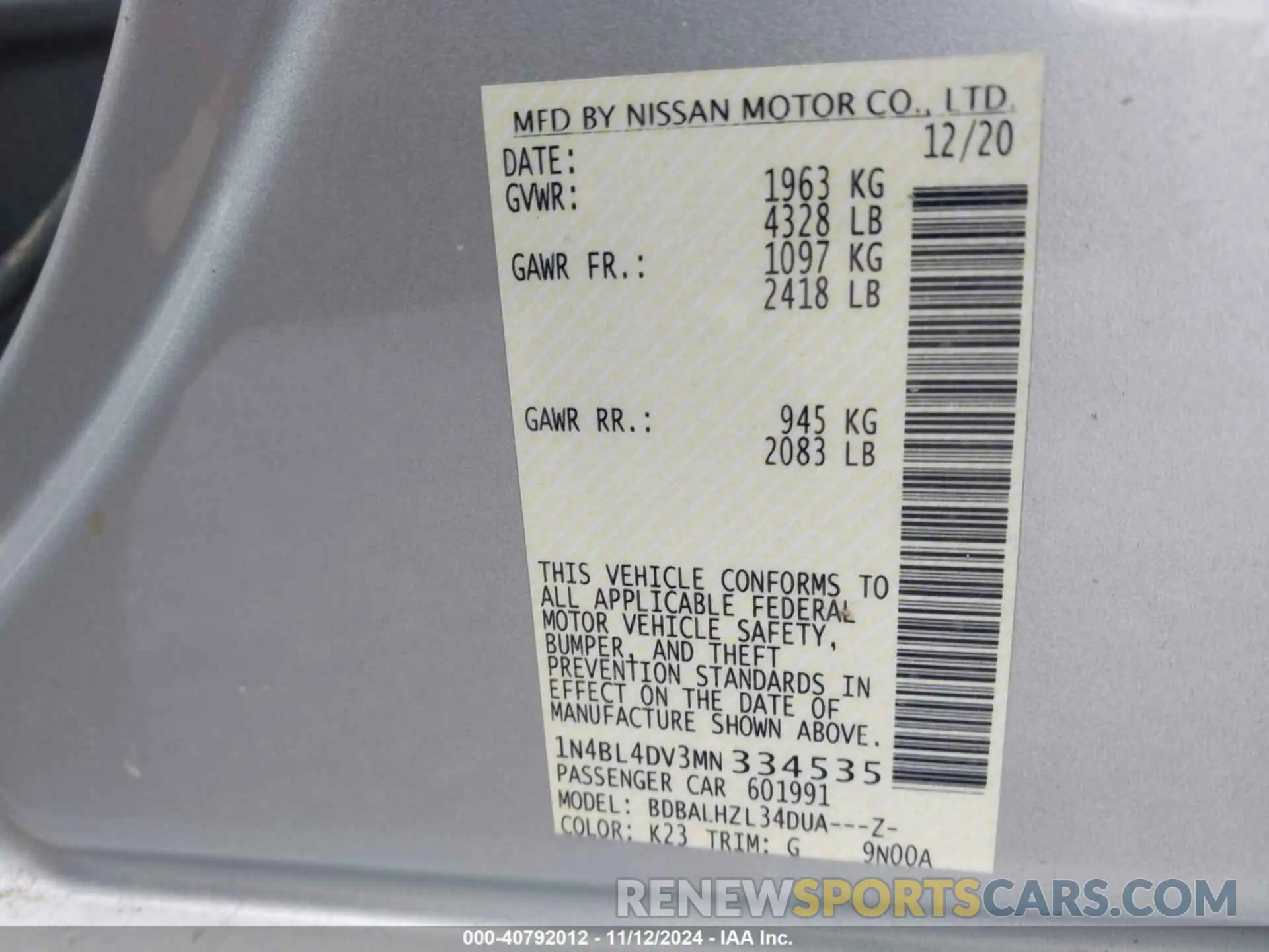 9 fotografías del automóvil dañado 1N4BL4DV3MN334535 NISSAN ALTIMA 2021