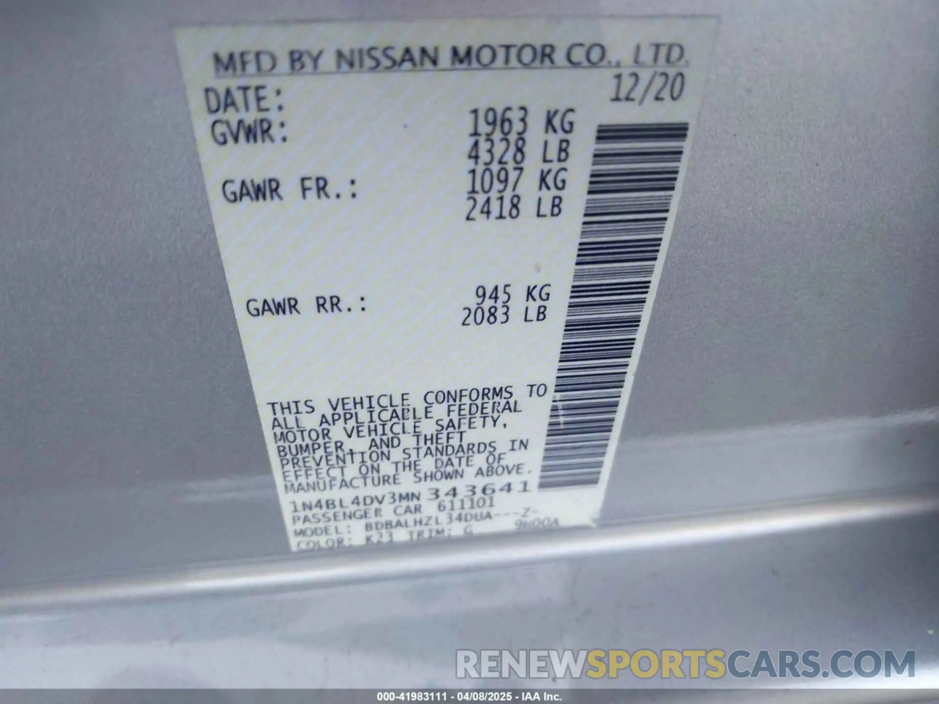 9 fotografías del automóvil dañado 1N4BL4DV3MN343641 NISSAN ALTIMA 2021