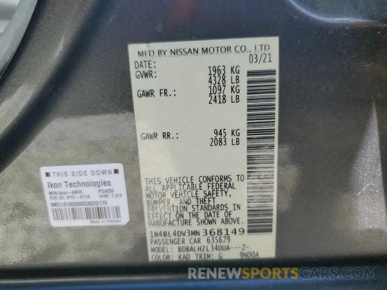 12 fotografías del automóvil dañado 1N4BL4DV3MN368149 NISSAN ALTIMA 2021