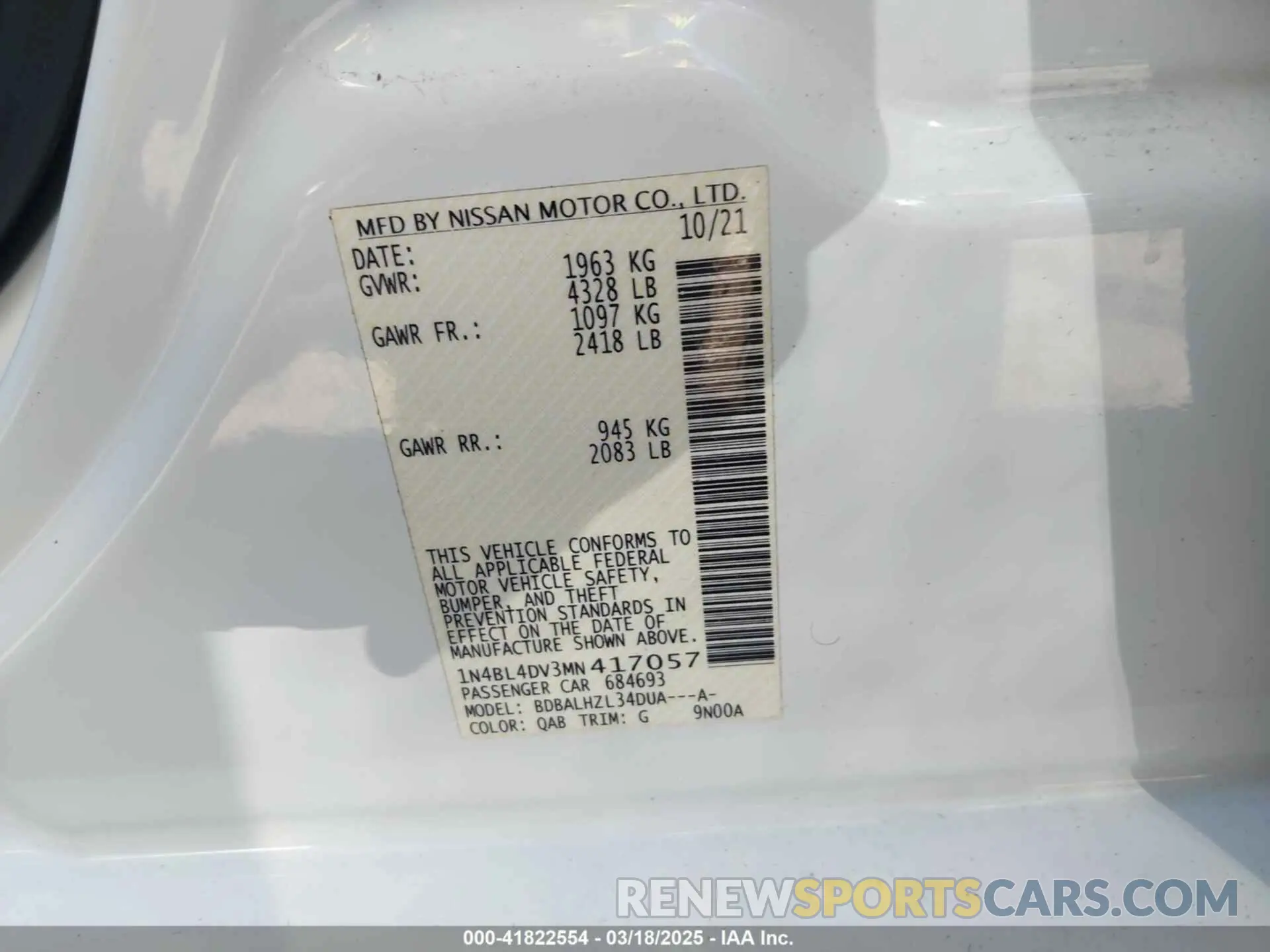 9 fotografías del automóvil dañado 1N4BL4DV3MN417057 NISSAN ALTIMA 2021