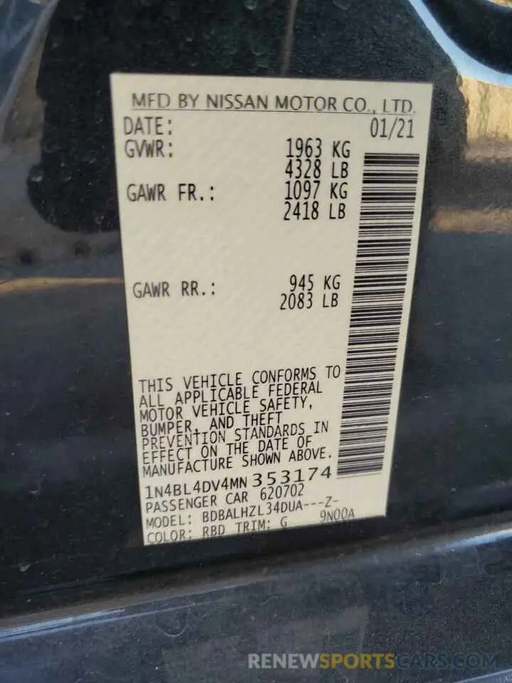 14 fotografías del automóvil dañado 1N4BL4DV4MN353174 NISSAN ALTIMA 2021