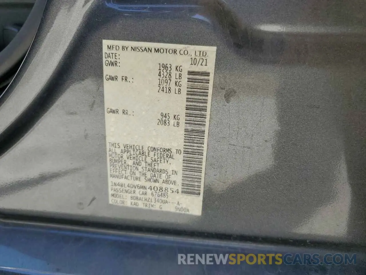 12 fotografías del automóvil dañado 1N4BL4DV6MN408854 NISSAN ALTIMA 2021