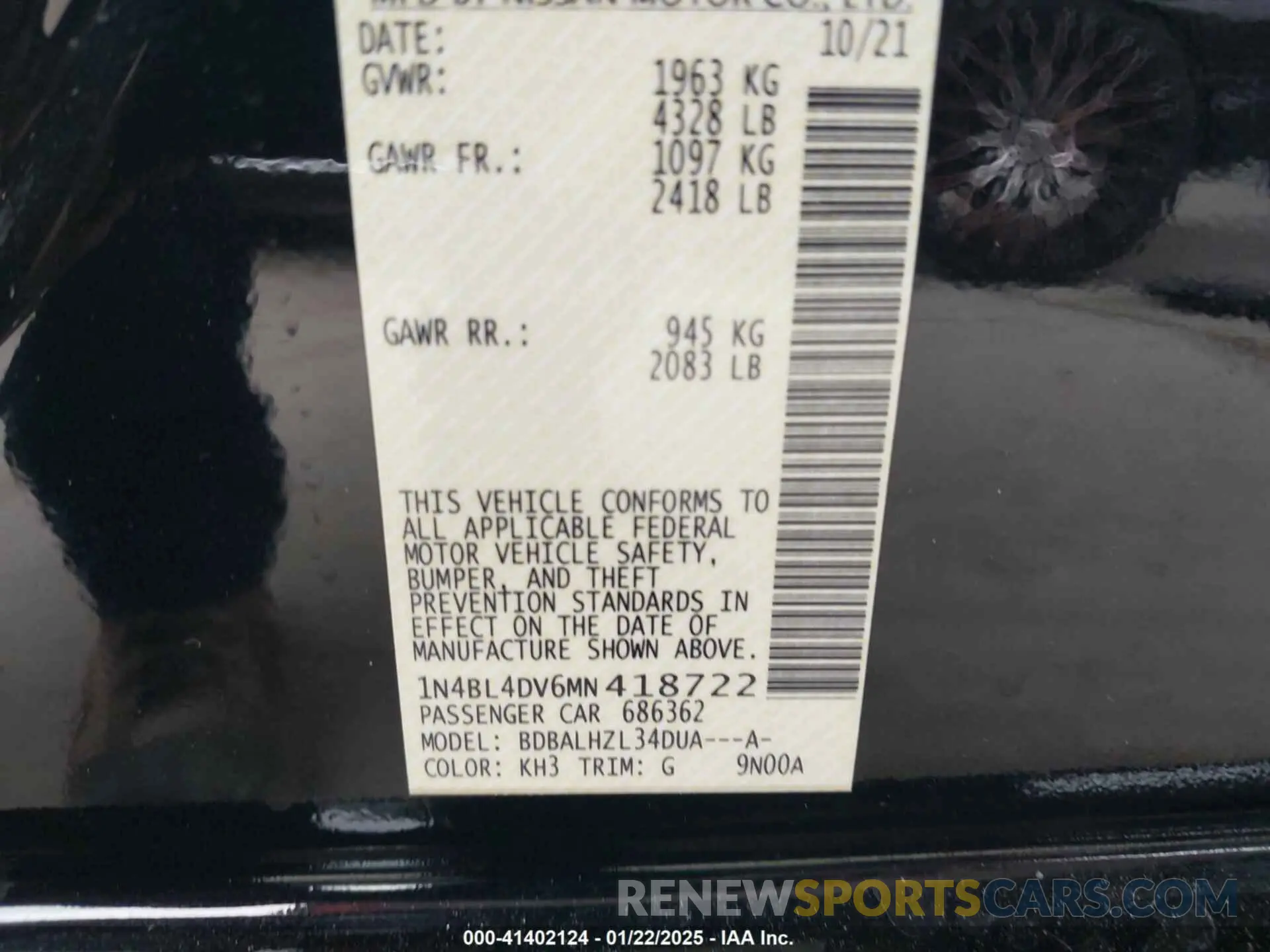 9 fotografías del automóvil dañado 1N4BL4DV6MN418722 NISSAN ALTIMA 2021