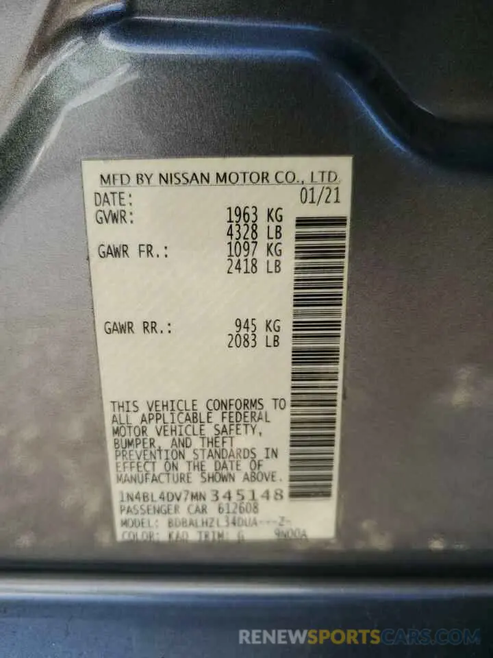 12 fotografías del automóvil dañado 1N4BL4DV7MN345148 NISSAN ALTIMA 2021