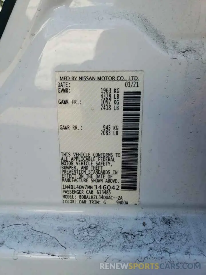 12 fotografías del automóvil dañado 1N4BL4DV7MN346042 NISSAN ALTIMA 2021