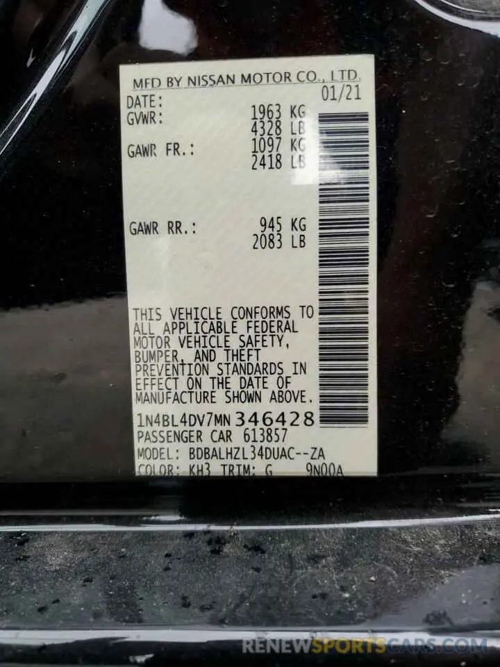 15 fotografías del automóvil dañado 1N4BL4DV7MN346428 NISSAN ALTIMA 2021