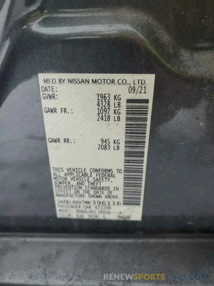 13 fotografías del automóvil dañado 1N4BL4DV7MN396116 NISSAN ALTIMA 2021