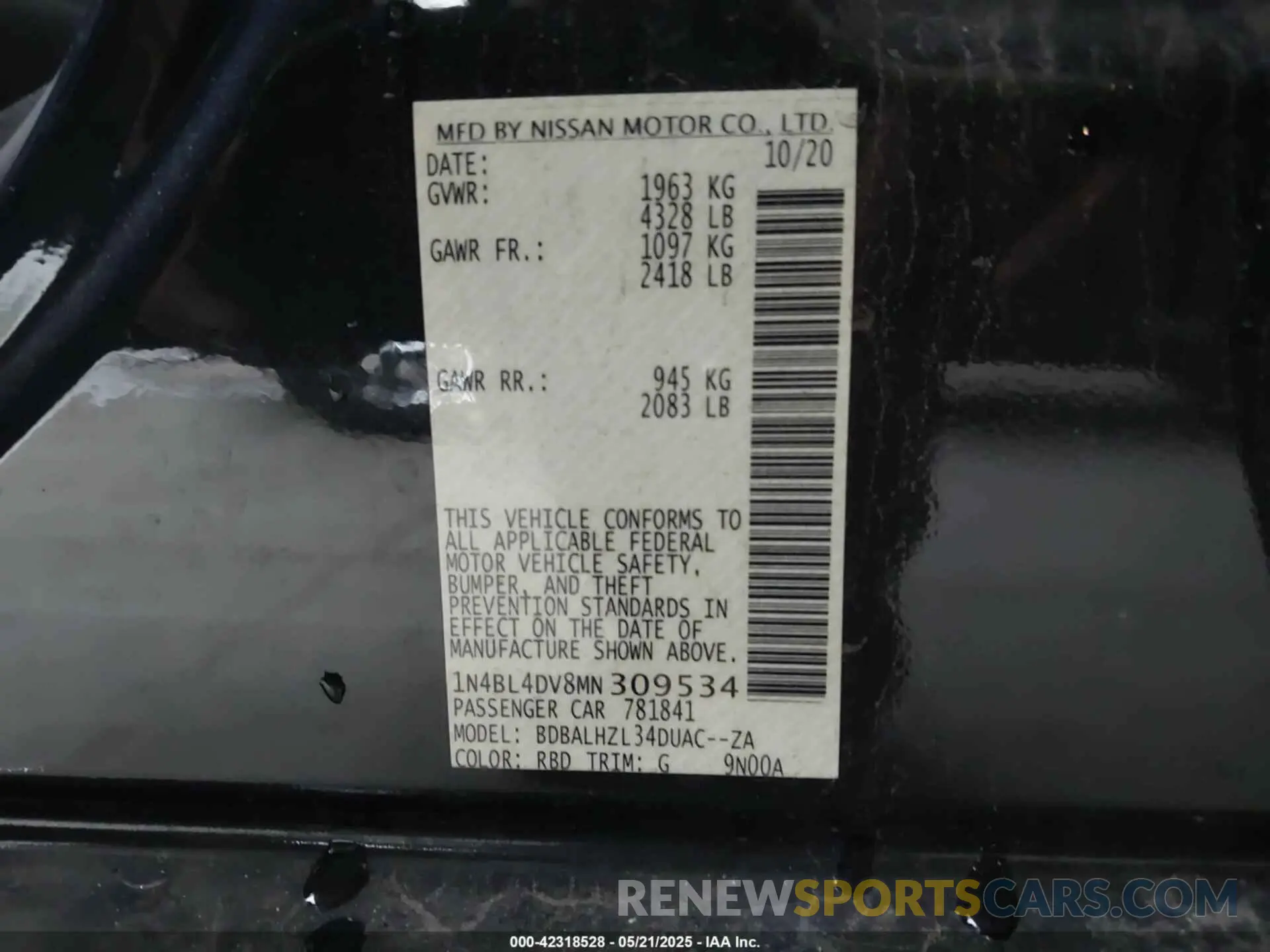 9 fotografías del automóvil dañado 1N4BL4DV8MN309534 NISSAN ALTIMA 2021