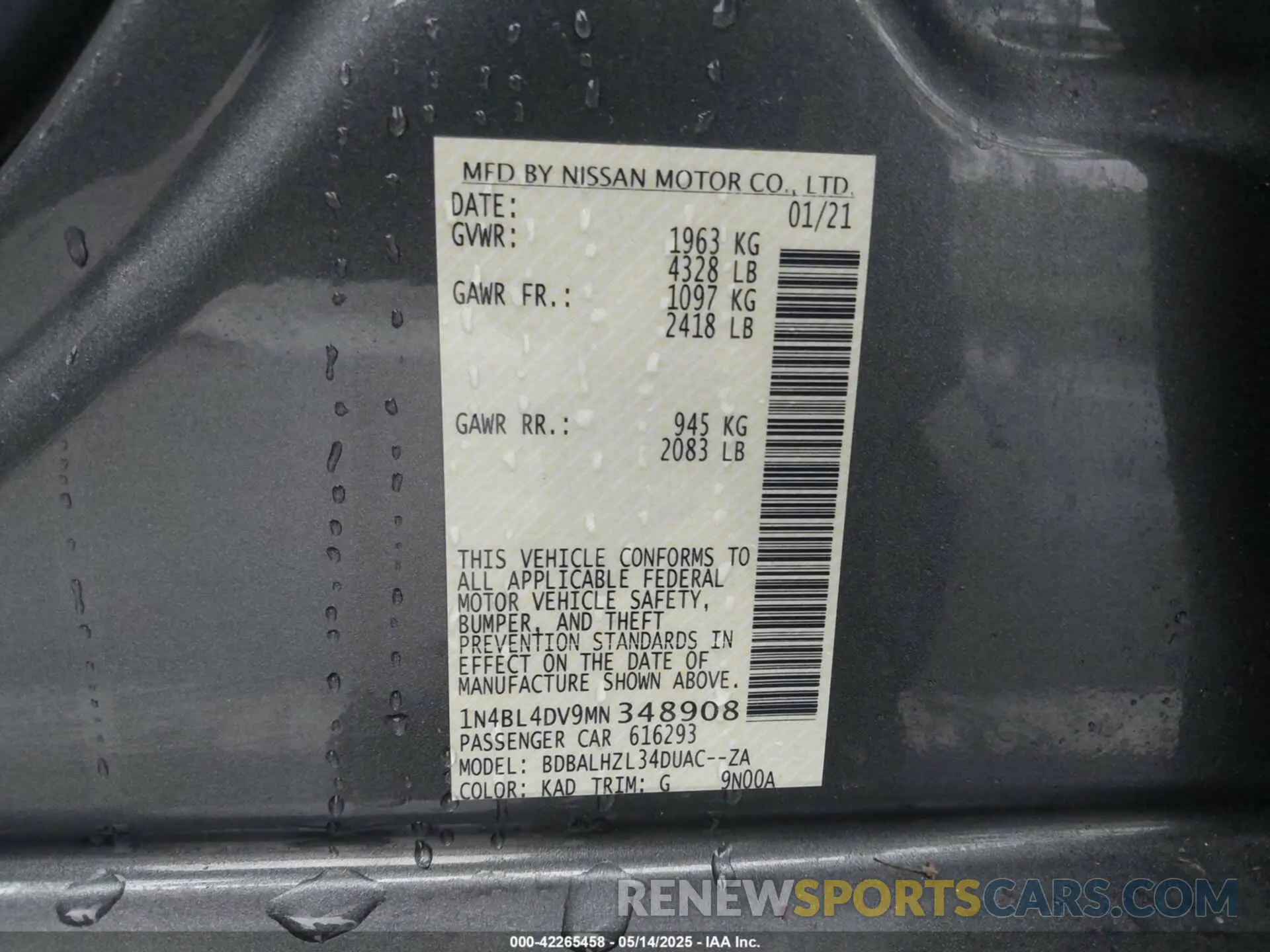 9 fotografías del automóvil dañado 1N4BL4DV9MN348908 NISSAN ALTIMA 2021