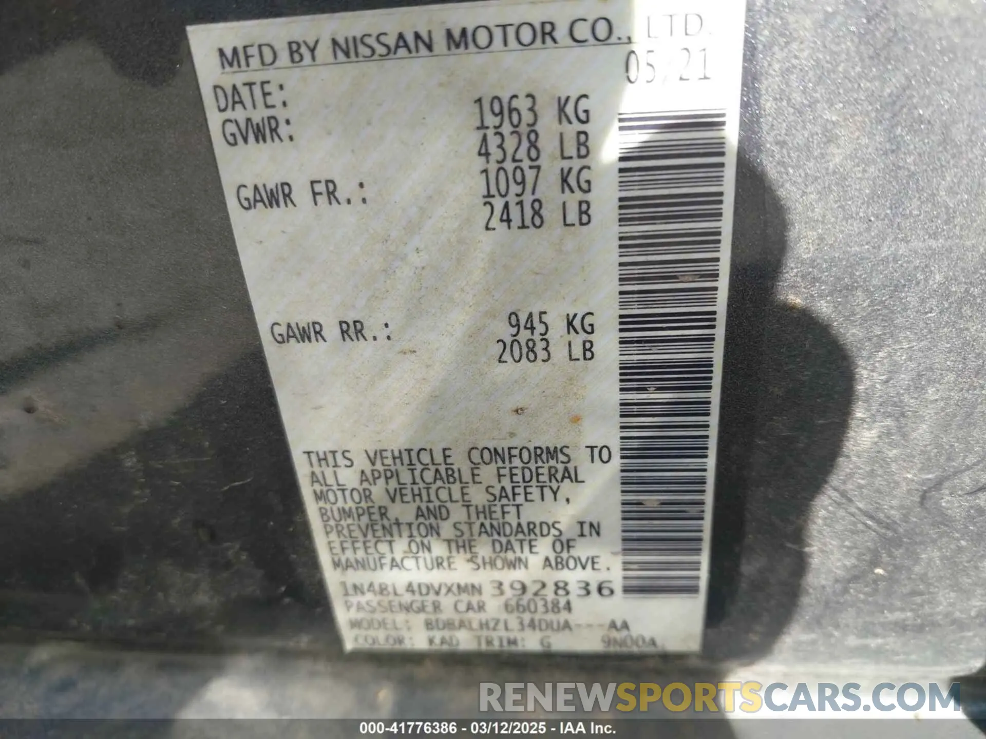 9 fotografías del automóvil dañado 1N4BL4DVXMN392836 NISSAN ALTIMA 2021