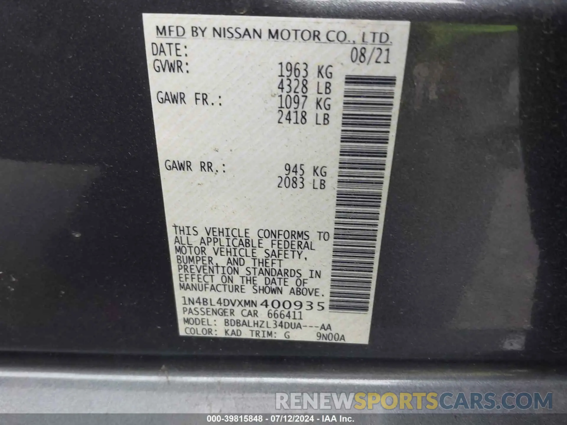 9 fotografías del automóvil dañado 1N4BL4DVXMN400935 NISSAN ALTIMA 2021