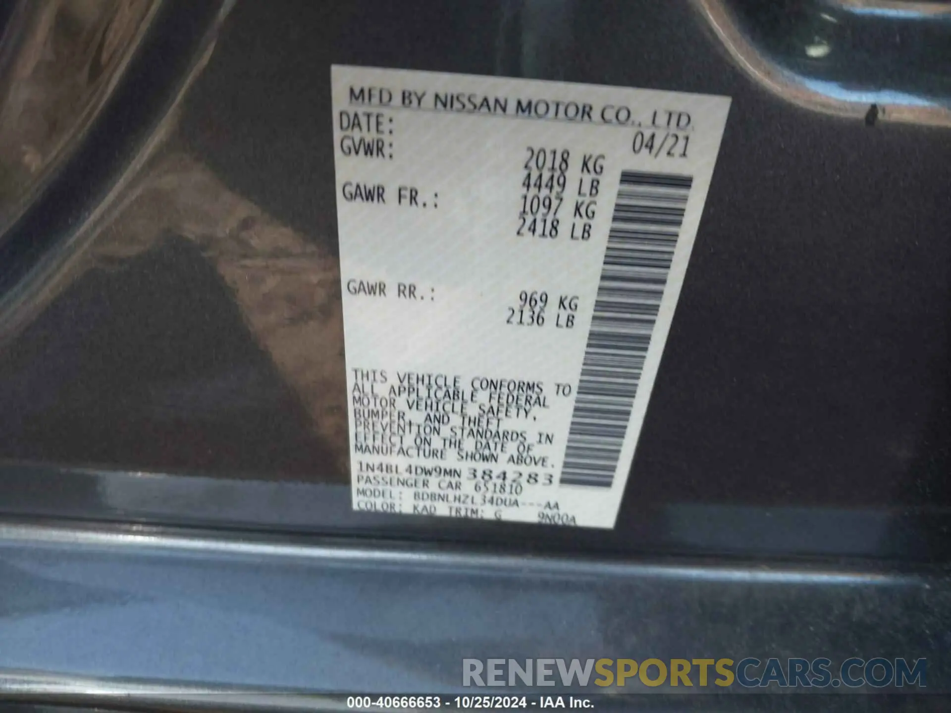 9 fotografías del automóvil dañado 1N4BL4DW9MN384283 NISSAN ALTIMA 2021
