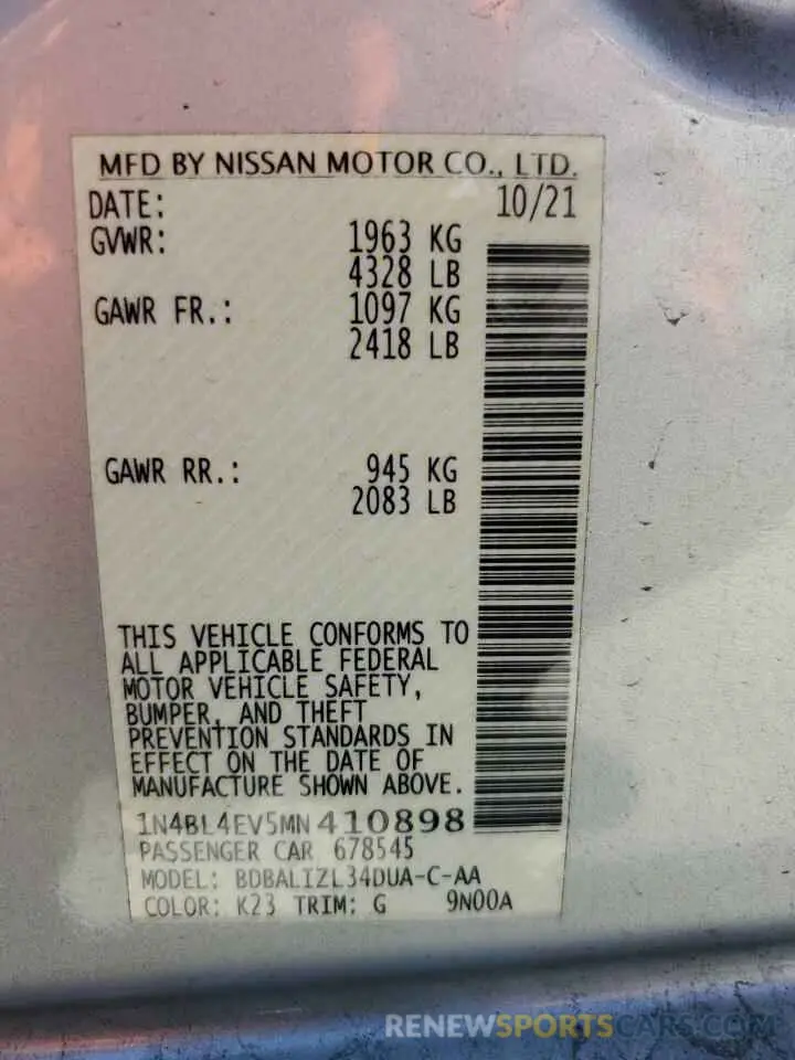 12 fotografías del automóvil dañado 1N4BL4EV5MN410898 NISSAN ALTIMA 2021