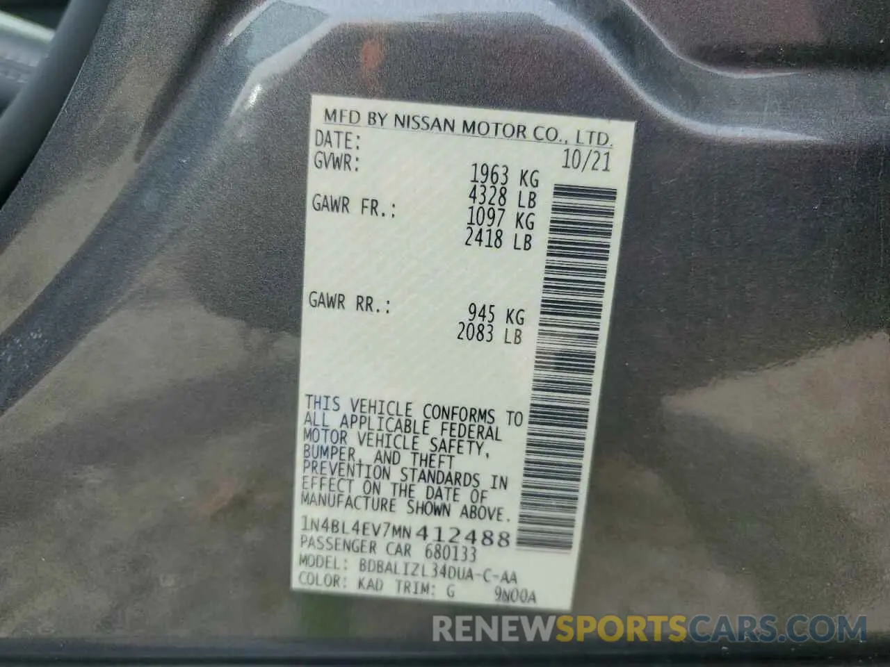 12 fotografías del automóvil dañado 1N4BL4EV7MN412488 NISSAN ALTIMA 2021