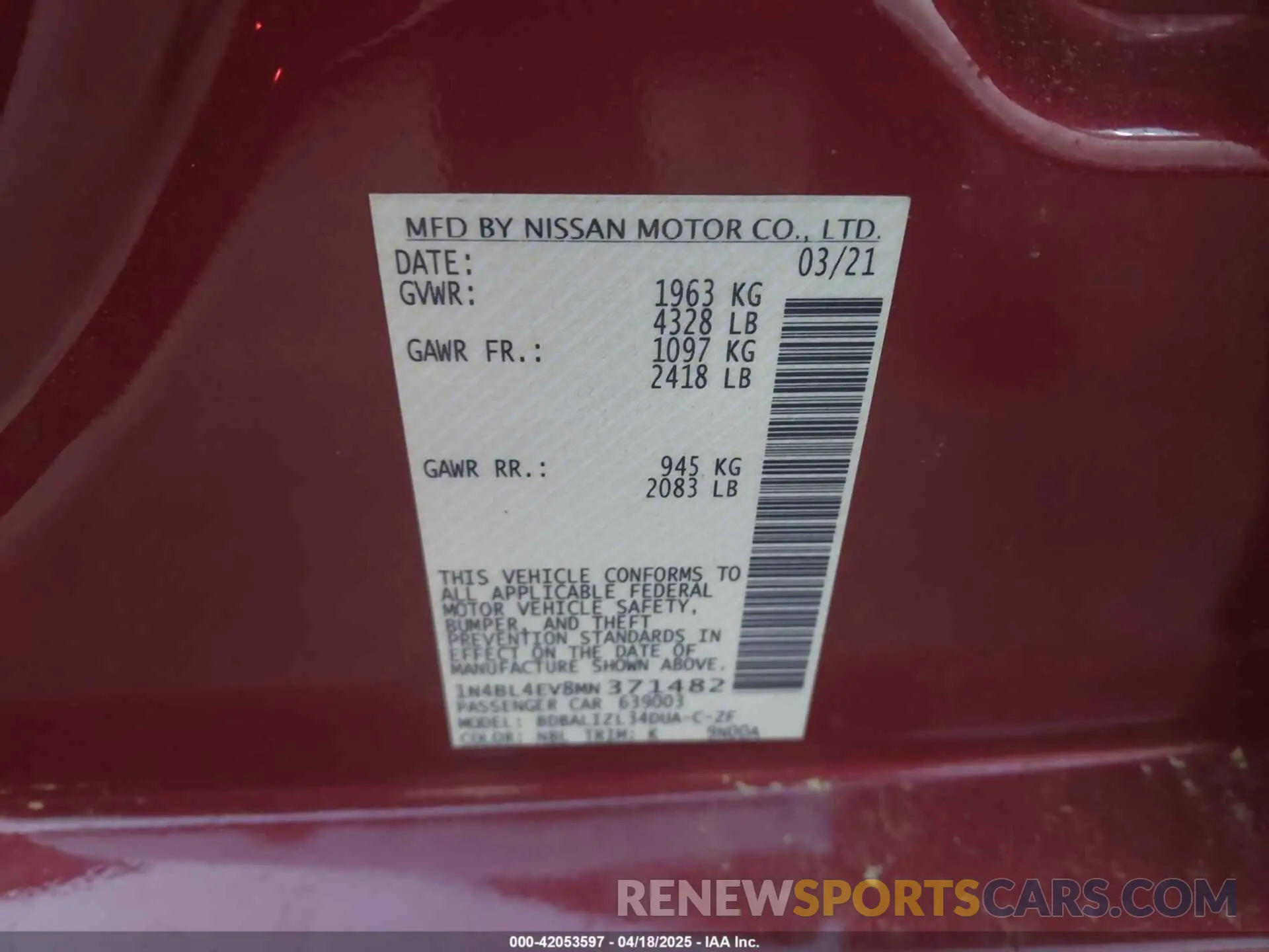 9 fotografías del automóvil dañado 1N4BL4EV8MN371482 NISSAN ALTIMA 2021