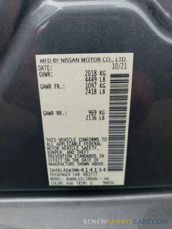 12 fotografías del automóvil dañado 1N4BL4EW3MN414134 NISSAN ALTIMA 2021