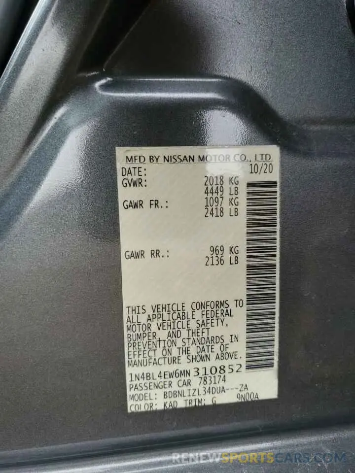 12 fotografías del automóvil dañado 1N4BL4EW6MN310852 NISSAN ALTIMA 2021
