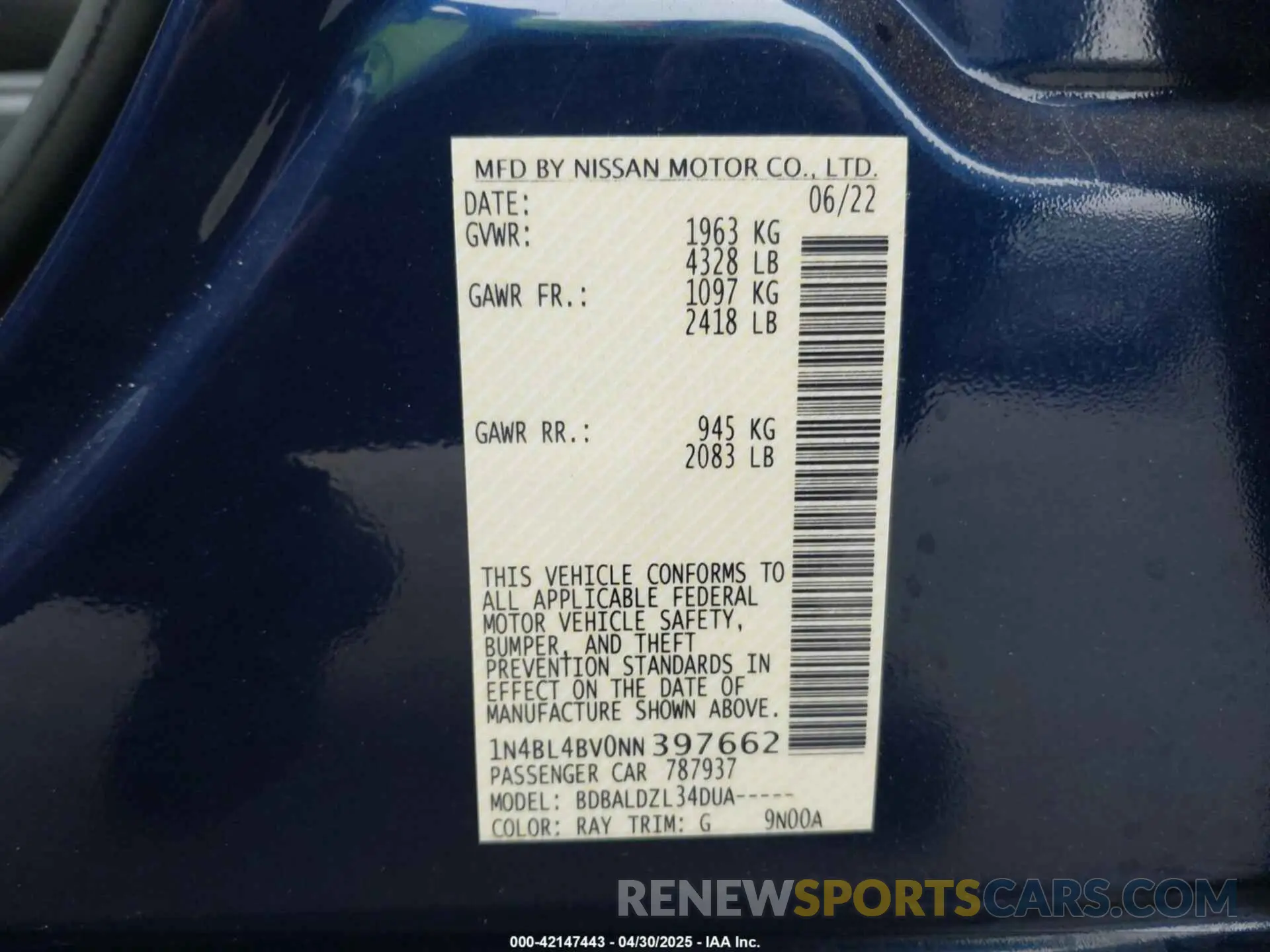 9 fotografías del automóvil dañado 1N4BL4BV0NN397662 NISSAN ALTIMA 2022