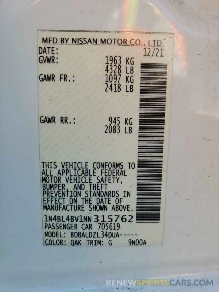 12 fotografías del automóvil dañado 1N4BL4BV1NN315762 NISSAN ALTIMA 2022