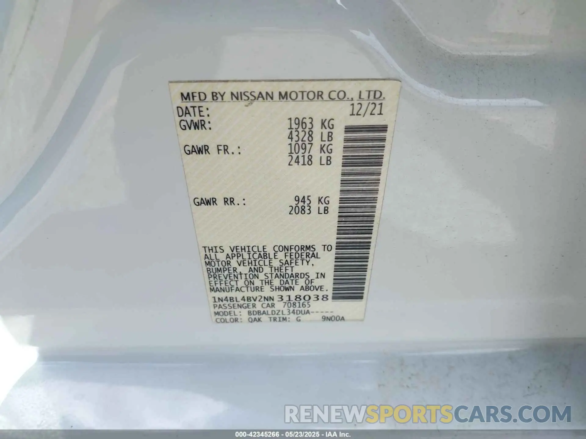 9 fotografías del automóvil dañado 1N4BL4BV2NN318038 NISSAN ALTIMA 2022