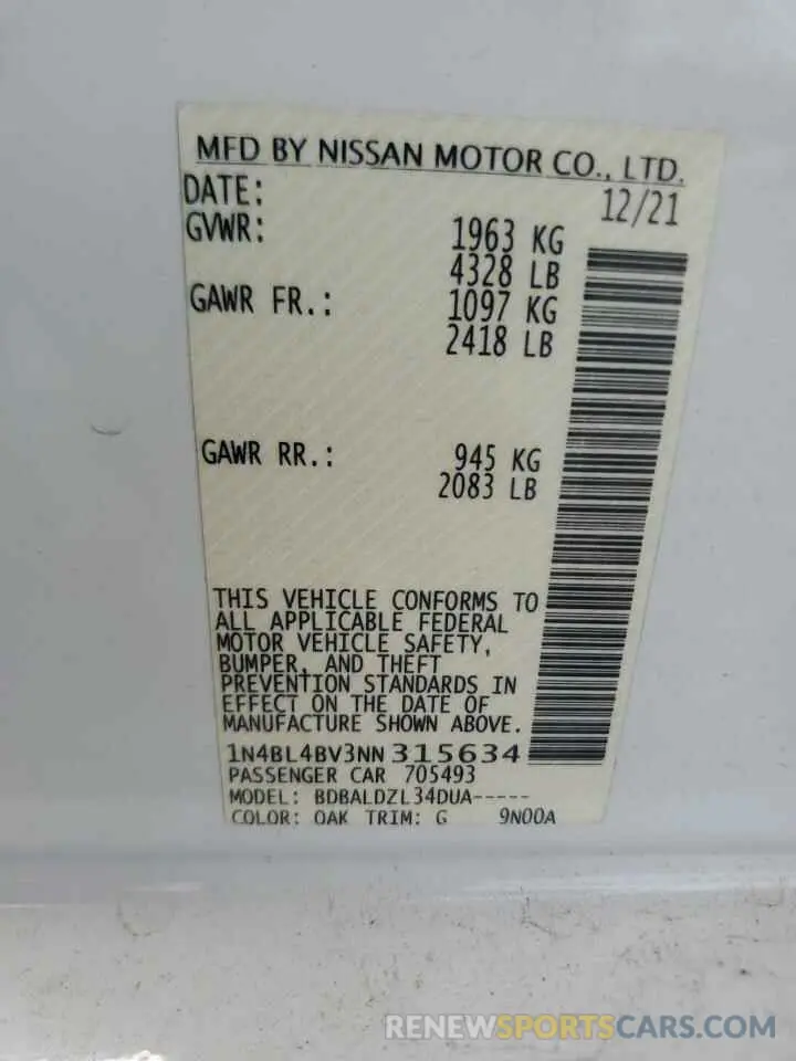 13 fotografías del automóvil dañado 1N4BL4BV3NN315634 NISSAN ALTIMA 2022