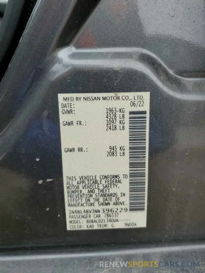 12 fotografías del automóvil dañado 1N4BL4BV3NN396229 NISSAN ALTIMA 2022