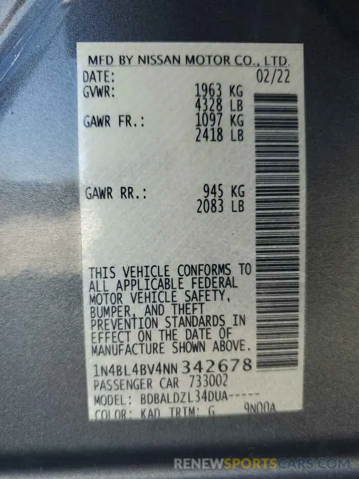 12 fotografías del automóvil dañado 1N4BL4BV4NN342678 NISSAN ALTIMA 2022