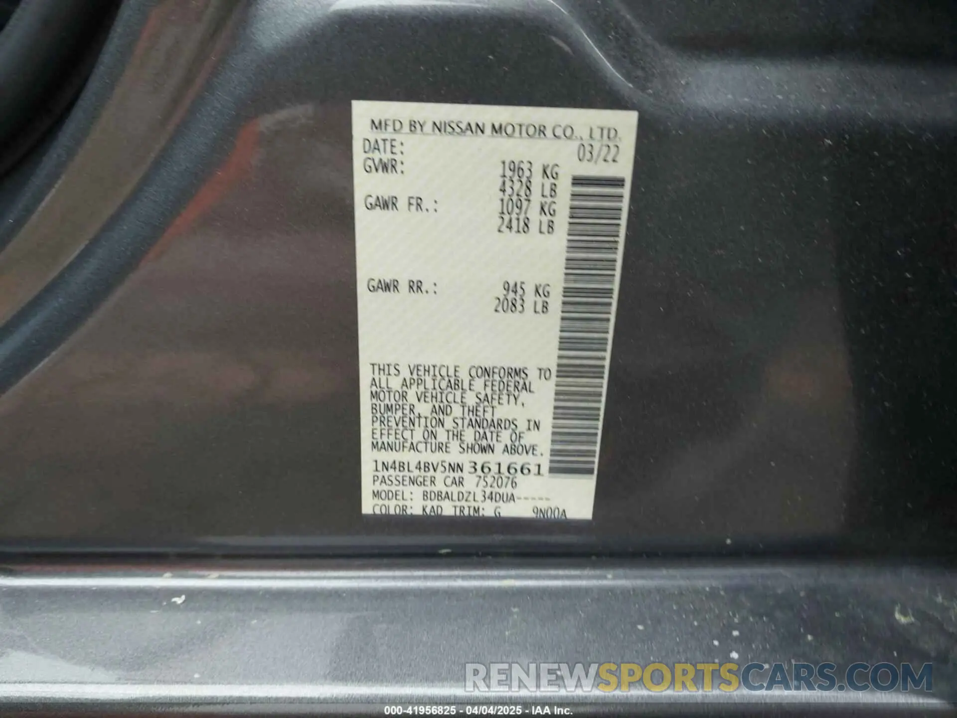 9 fotografías del automóvil dañado 1N4BL4BV5NN361661 NISSAN ALTIMA 2022