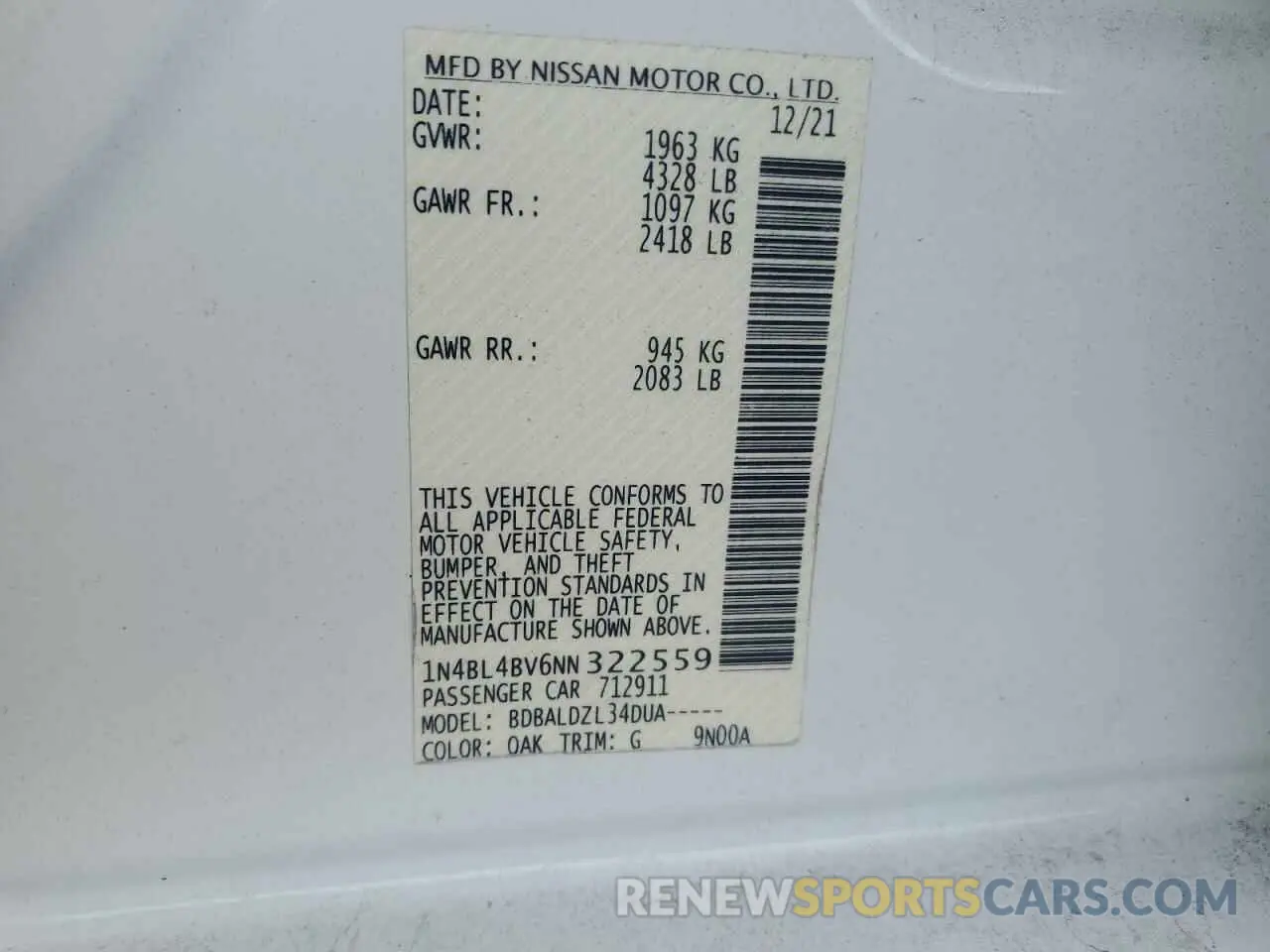 14 fotografías del automóvil dañado 1N4BL4BV6NN322559 NISSAN ALTIMA 2022