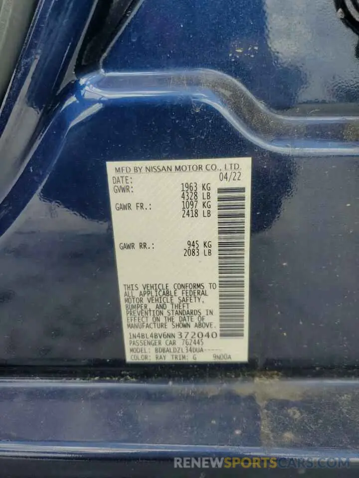 13 fotografías del automóvil dañado 1N4BL4BV6NN372040 NISSAN ALTIMA 2022