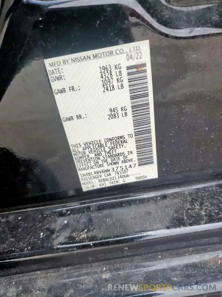13 fotografías del automóvil dañado 1N4BL4BV6NN375147 NISSAN ALTIMA 2022
