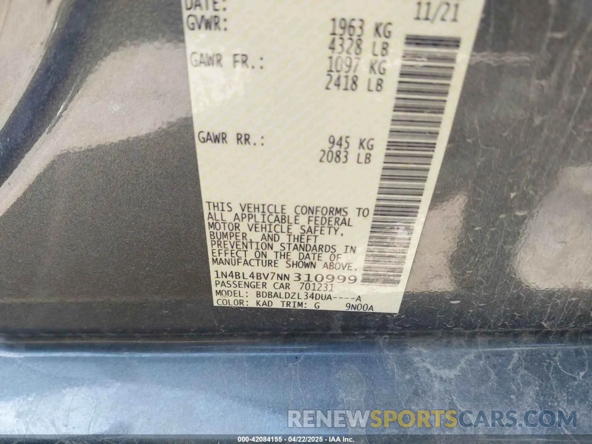 9 fotografías del automóvil dañado 1N4BL4BV7NN310999 NISSAN ALTIMA 2022