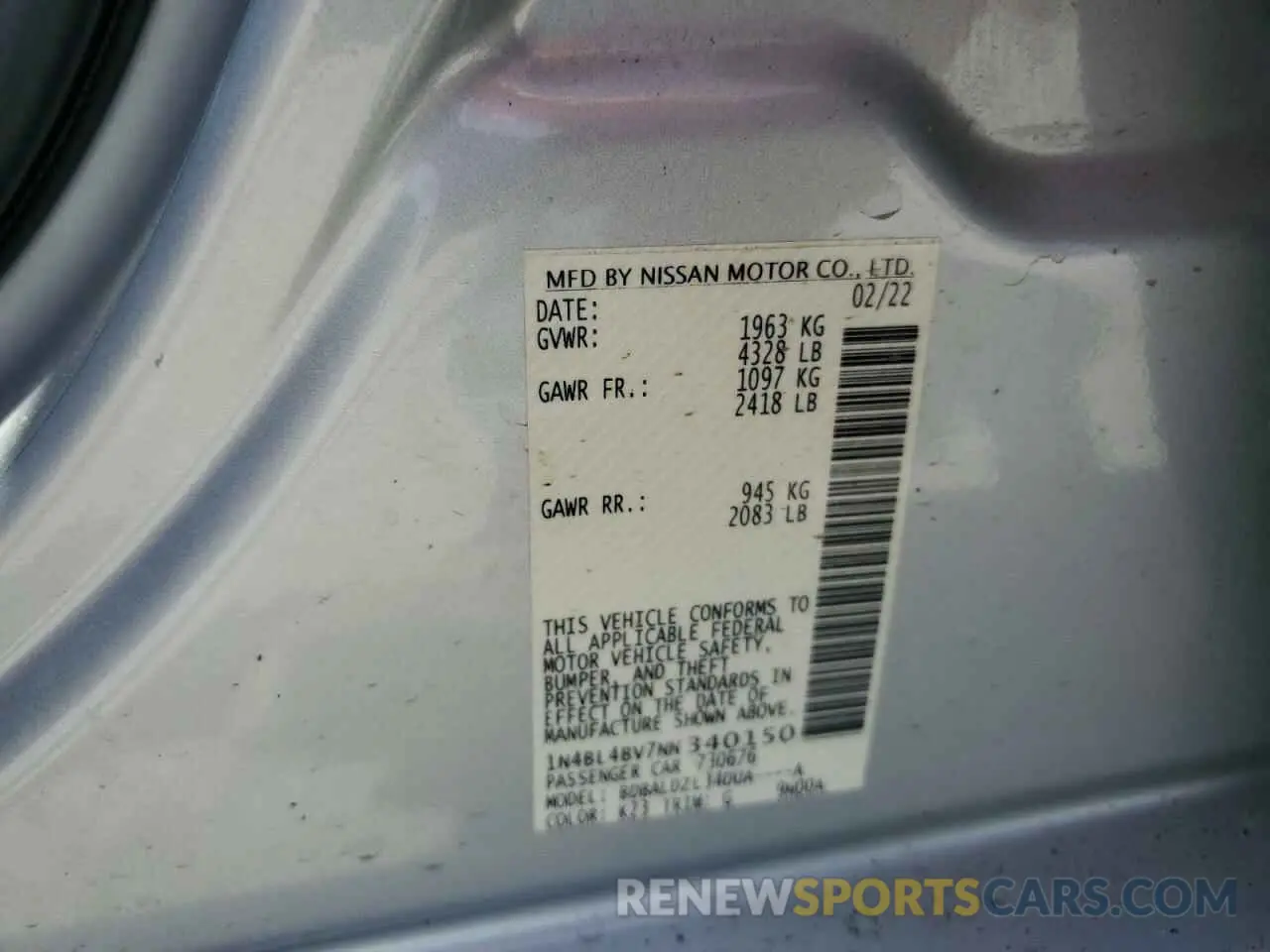 12 fotografías del automóvil dañado 1N4BL4BV7NN340150 NISSAN ALTIMA 2022