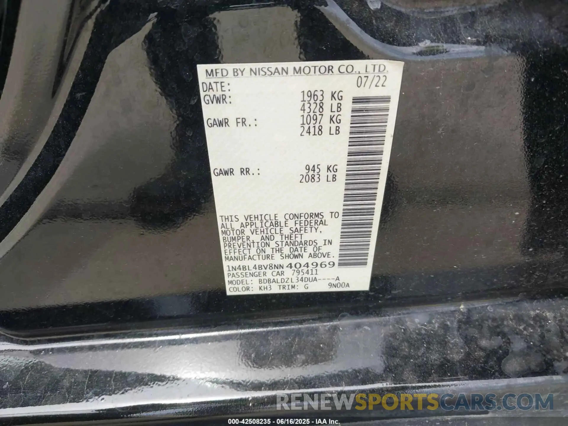 9 fotografías del automóvil dañado 1N4BL4BV8NN404969 NISSAN ALTIMA 2022