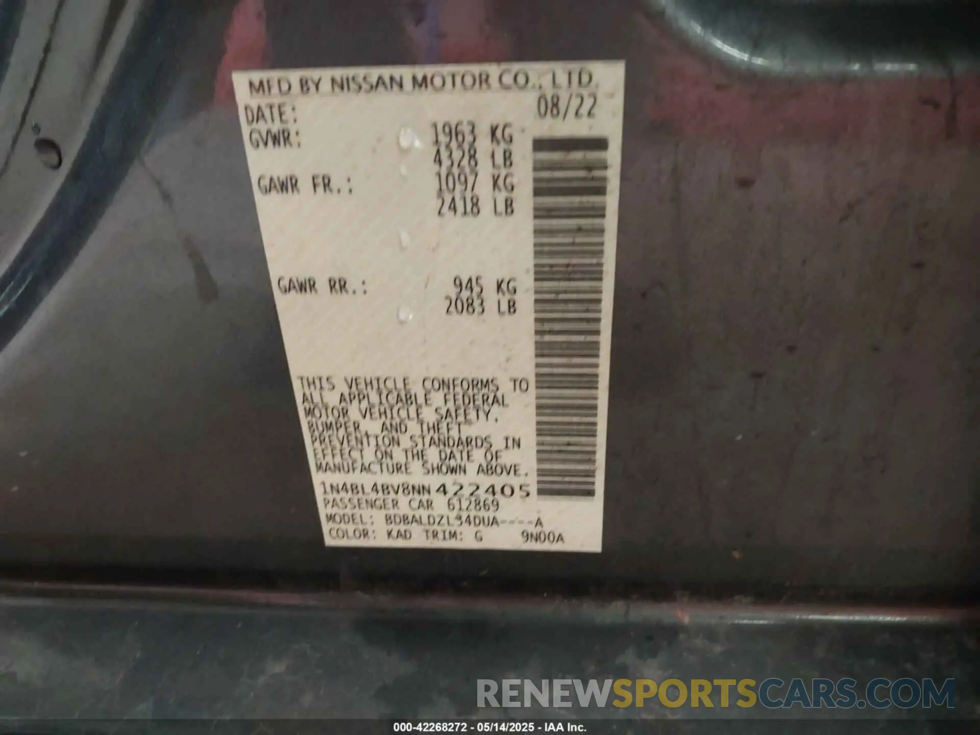 9 fotografías del automóvil dañado 1N4BL4BV8NN422405 NISSAN ALTIMA 2022