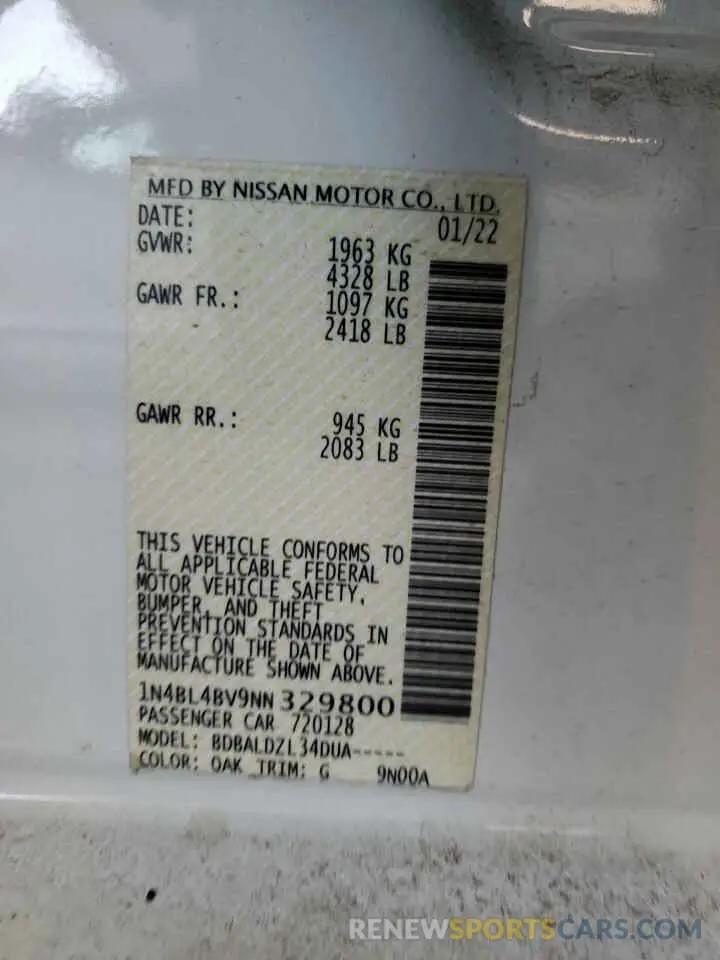 12 fotografías del automóvil dañado 1N4BL4BV9NN329800 NISSAN ALTIMA 2022