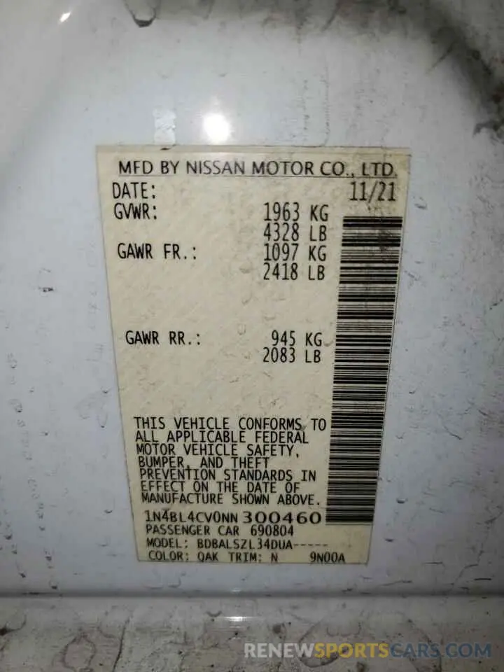 14 fotografías del automóvil dañado 1N4BL4CV0NN300460 NISSAN ALTIMA 2022
